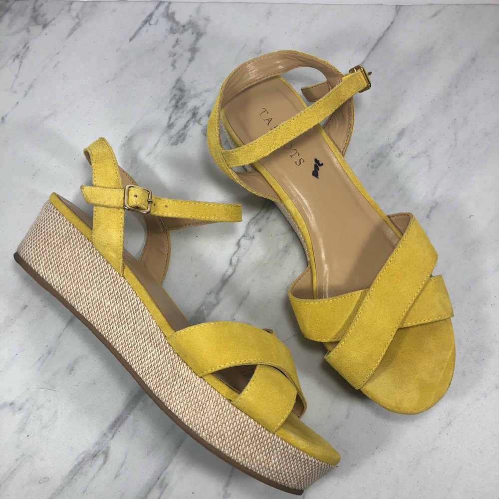 TALBOTS Yellow Suede Cross Strap Wedge Sandals 8.5